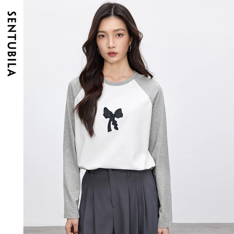 SENTUBILA Cotton Embroidery T-shirts Women 2025 Spring Casual Bow Print Long Sleeve Tee Shirt Tops Teen Girls Clothes 151T58759