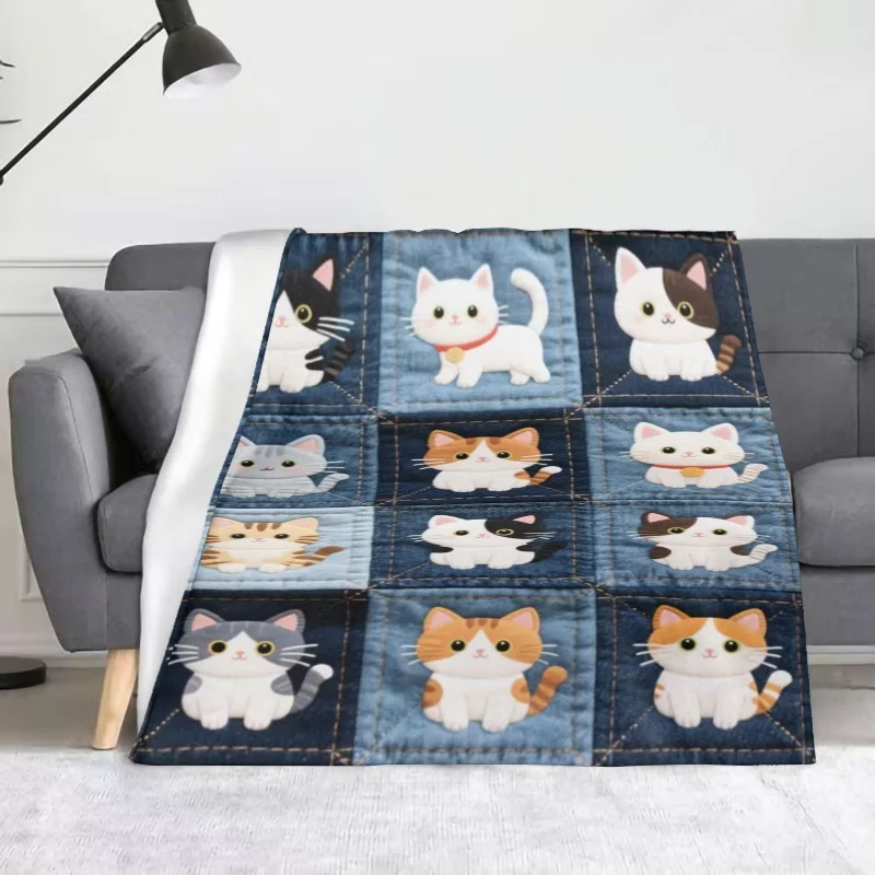 Newest Blanket Denim Patchwork Cat Print Flannel Blanket Cute Kitten Soft Warm Sofa Bed Throw Blanket