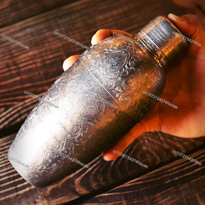 Japanese Style Stainless Steel Cocktail Shaker, Retro Engraved Snow Pot Bartending Tool