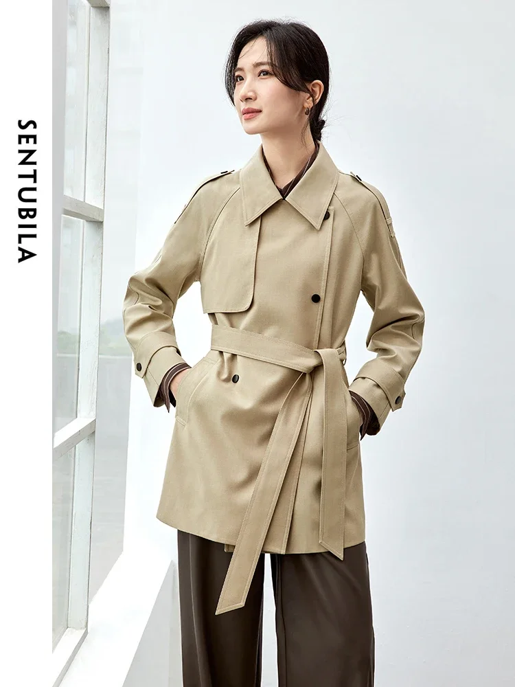 

SENTUBILA Texture Loose Trench for Women 2025 Autumn Double-breasted Lace Up Sashes Office Lady Work Business Coat 143F56434