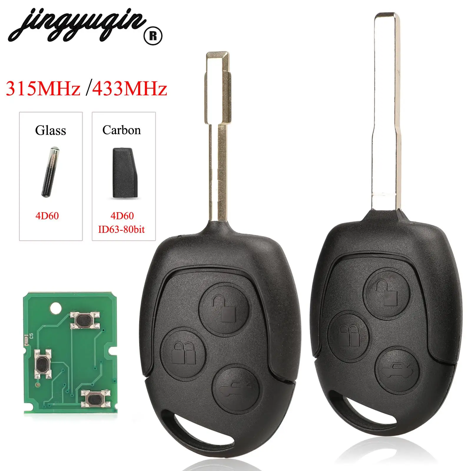 

jingyuqin 315/433Mhz With ID60 4D63 Chip 3 Buttons Remote Key For Ford Focus Fiesta Fusion C-Max For Mondeo Galaxy C-Max S-Max