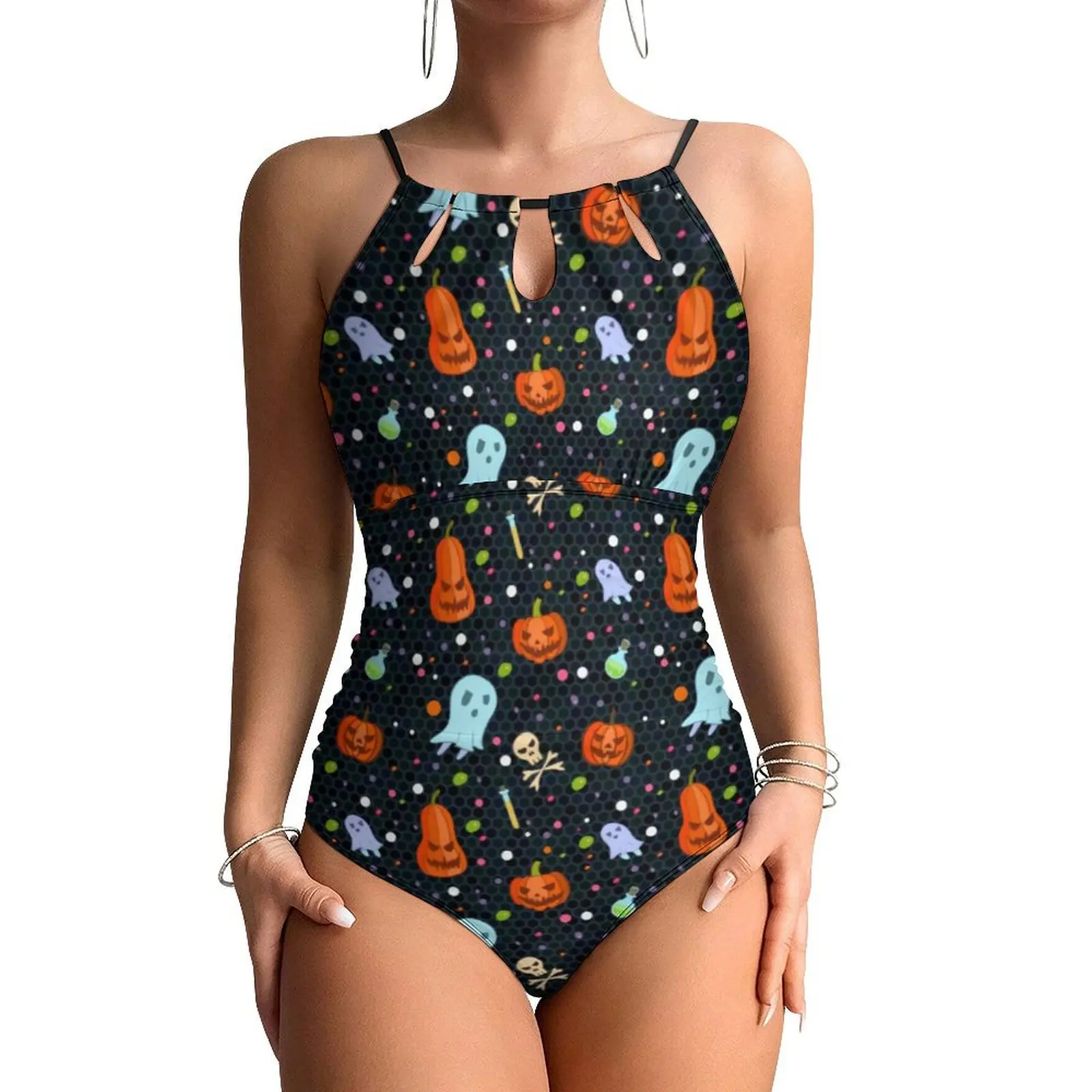 

Spooky Halloween Swimsuit Ghosts And Pumpkins Push Up Swimwear One Piece Fitness Monokini Swimsuits Sexy Beach Outfits Plus Size