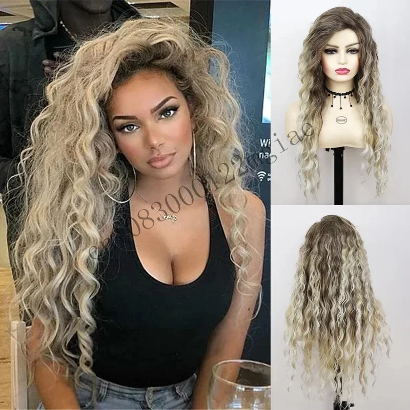 Synthetic Hair 26 INCH Long Blonde Curly For Women Waving Dark Roots Ombre Wigs Fluffy Charming Party Ladies Wig CMM221