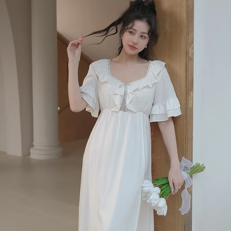 Sweet Cotton Nightgown Women Night Dress Summer Short Sleeve Sexy Lace Cutout Long Nightdress Fairy Nightwear Princess Sleepwear