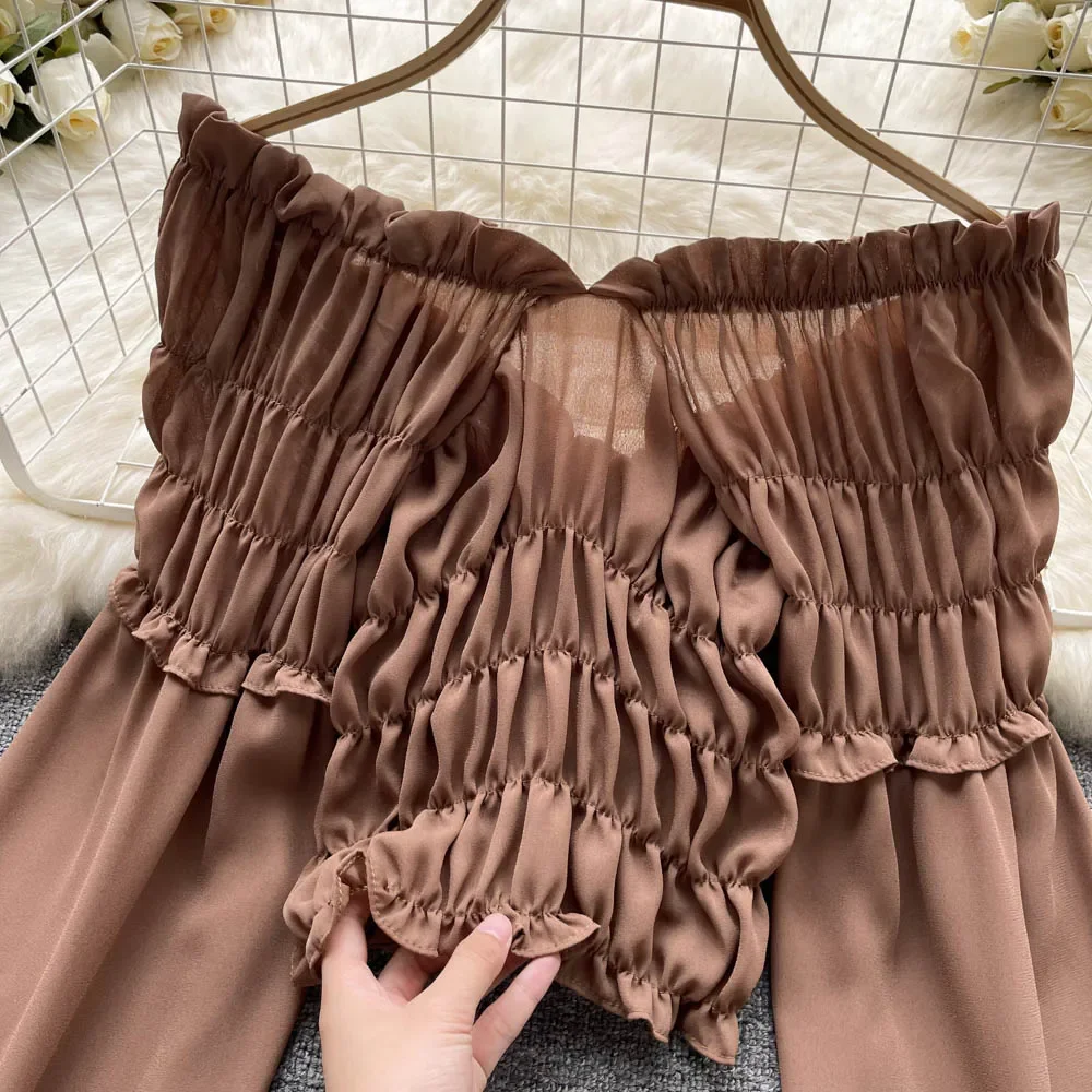 Women Chic Pleated Tank Top Slim Basic Hotsweet French Fashion Slash Neck Long Puff Sleeve Short Crop Top Autumn Women Blouse