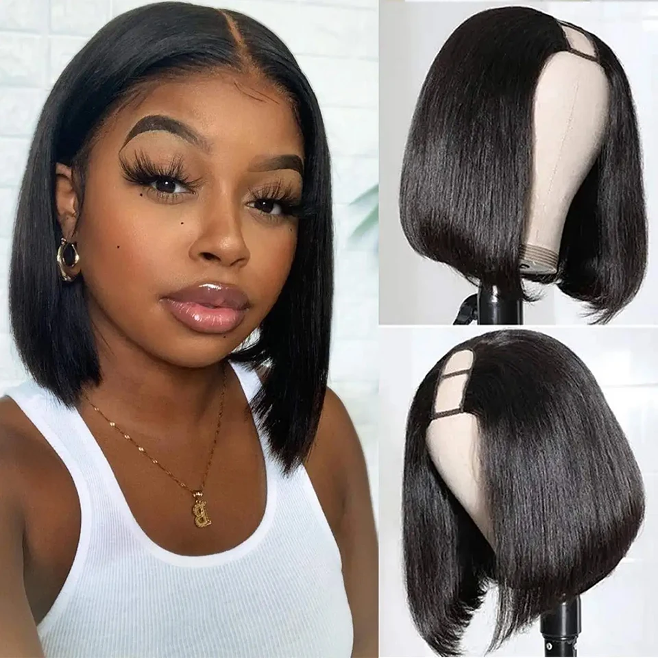 

Short Cut Straight Hair Bob Glueless U Part Wigs For Women Remy Brazilian Bone Straight Human Hair Wigs Natural Black U Part