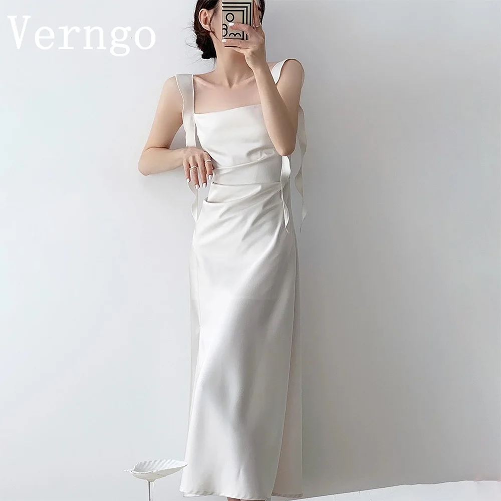 

Verngo White Wedding Dress Simple Spaghetti Straps Bridal Gown For Women Side Slit Formal Occasion Dress Wedding Party Dress