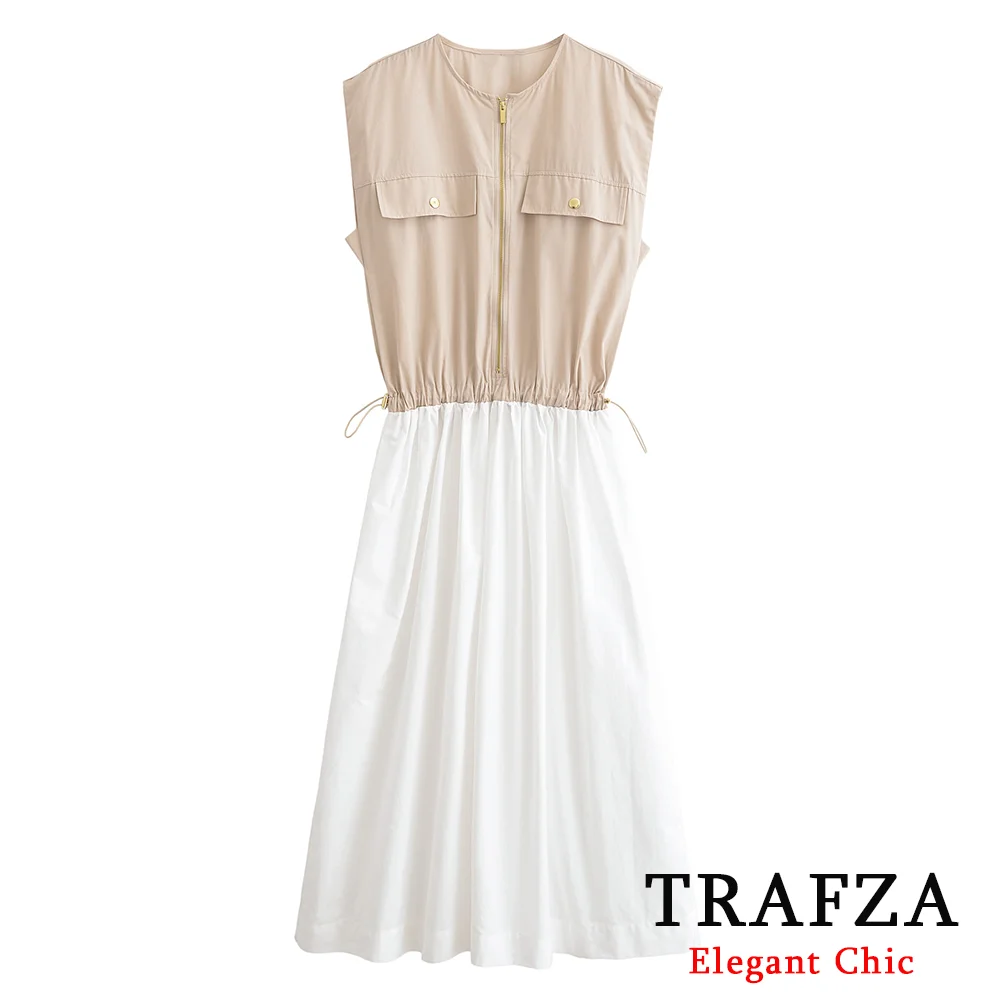 

TRAFZA Women Casual Patchwork Dress Tank Style Long Dress O-Neck Sleeveless 2025 New Summer Fashion Holidays Elegant Dress