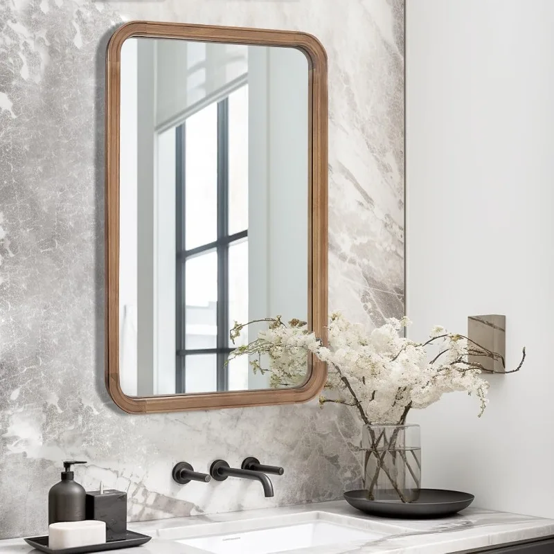 Wood Bathroom Mirror for Wall 20x30 Inch Wooden Frame Rectangle Mirror for Farmhouse Bathroom Vanity Wall Mounted Decorative