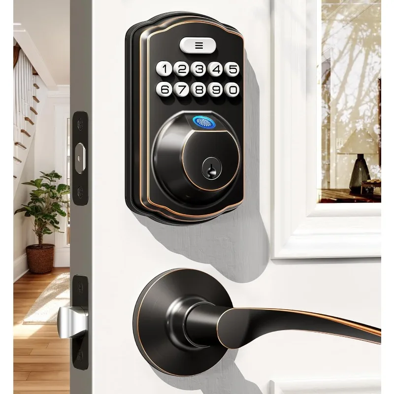 Fingerprint Door Lock with 2 Lever Handles   Front Door Lock Handle Sets, Auto Lock, Easy Installation, Oil Rubbed Bronze