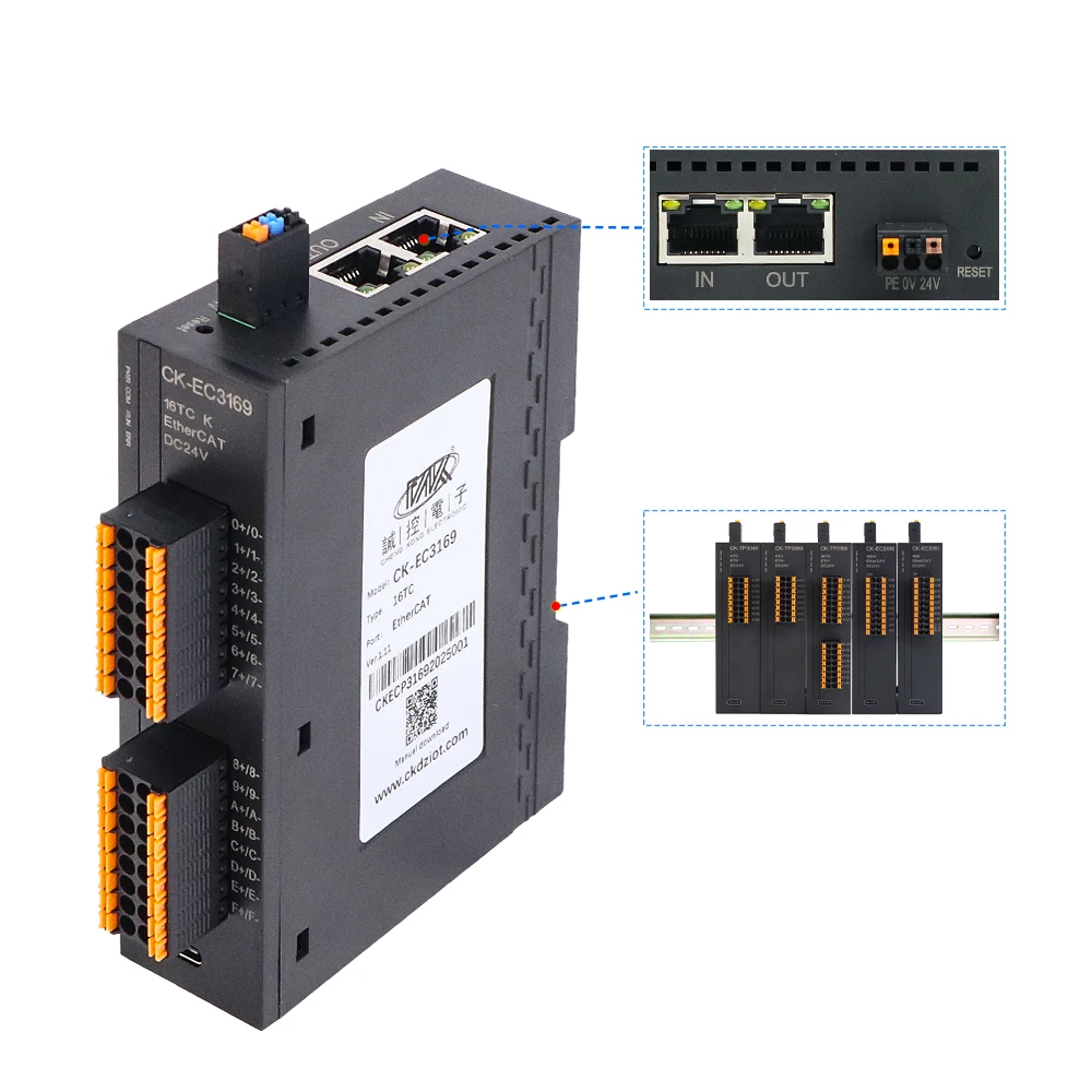 CK-EC3169 16TC Input EtherCAT IO Module Configurable Thermocouple (K/T/J Type) Temperature  Remote I/O Module