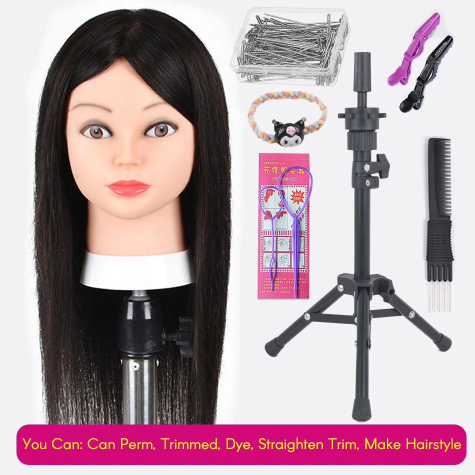 

Long Hair Mannequin Head with Human Hair Hairdresser Practice Training Head Cosmetology Manikin Doll Head And Wig Stand Tripod