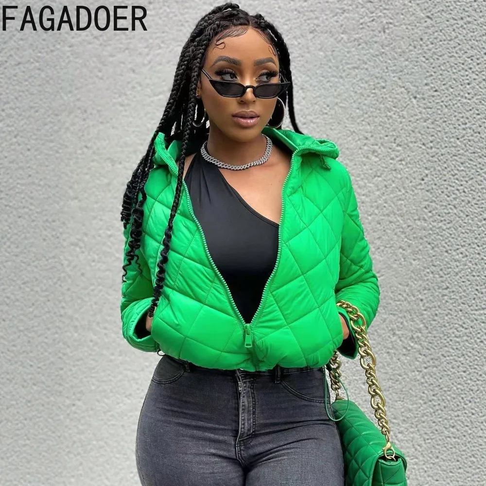 FAGADOER Autumn New Fashion Drawstring Patchwork Coat Jacket for Women Green Zip Long Sleeve Hooded Crop Top Female Streetwear