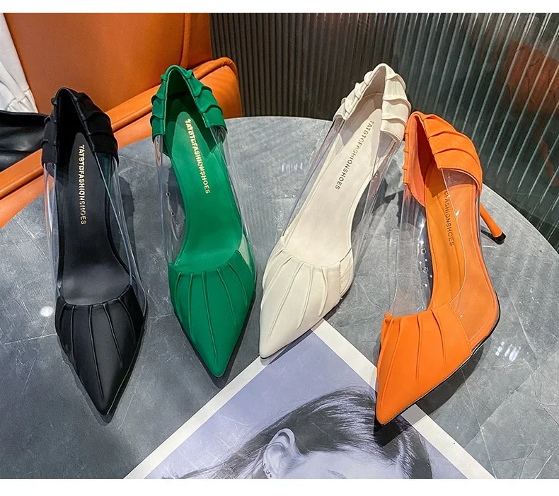 New Luxury Women's Spring and Summer Baotou Transparent Stiletto High Heels Pumps Rhinestone Pointed Single Shoes All-match