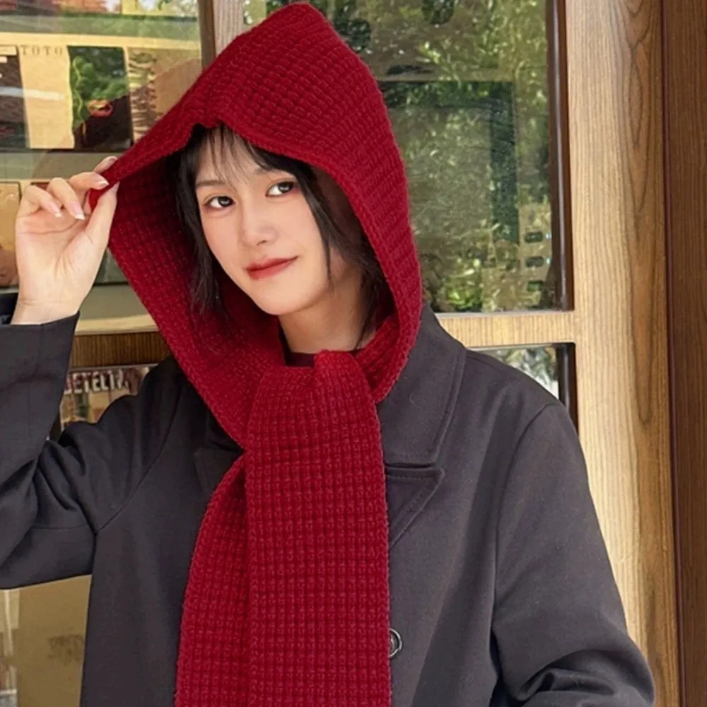 Acrylic Fibres Knitted Hooded Caps Ear Protection Soft Neck Collar Beanies Caps Embossing Korean Style Winter Neckerchief Hat
