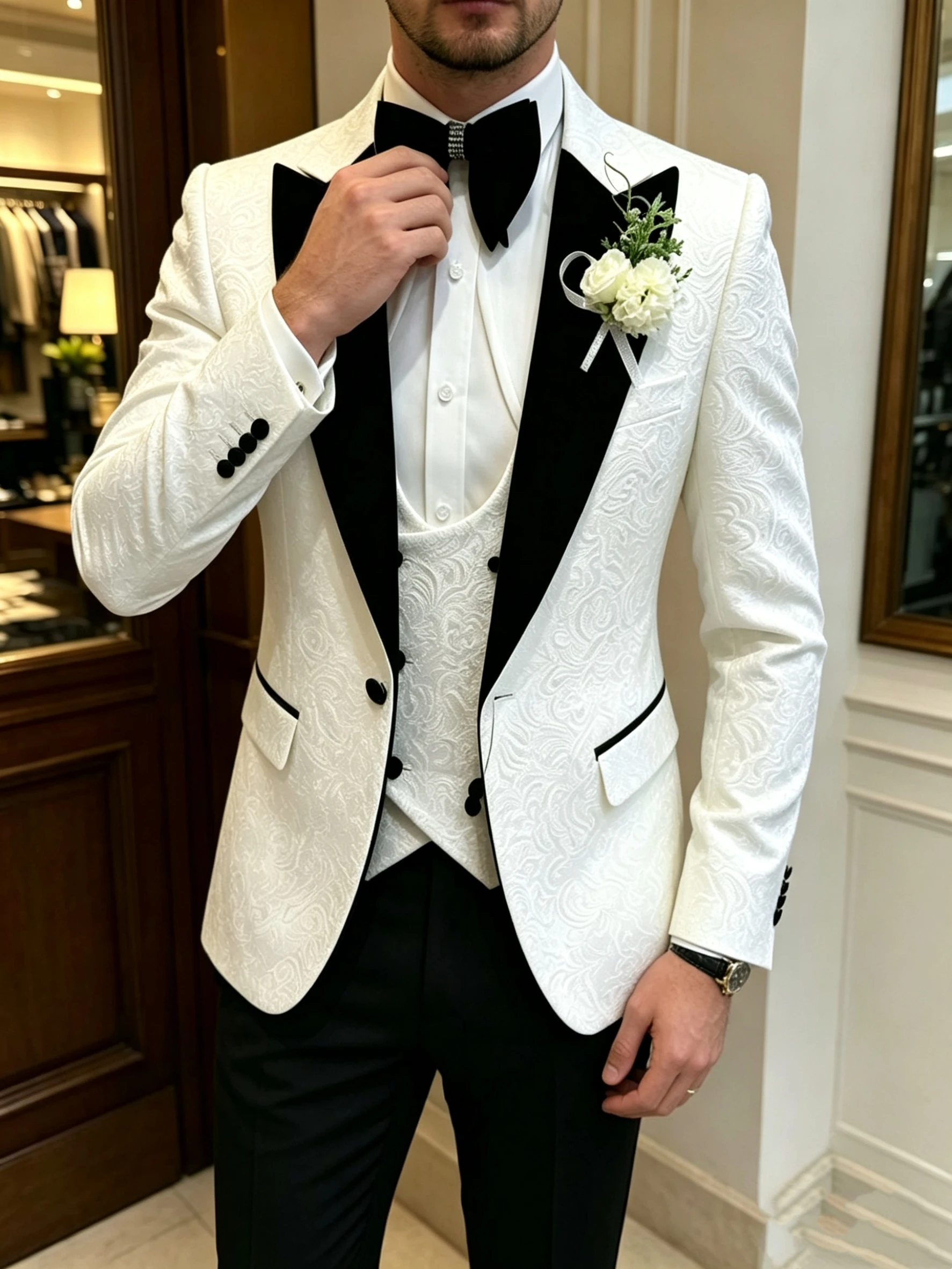 

3 Piece Ivory Jacquard Peak Lapel Single Breasted Suits for Men Formal Business Wedding Groom Tuxedo Outfits(Blazer+Vest+Pants)