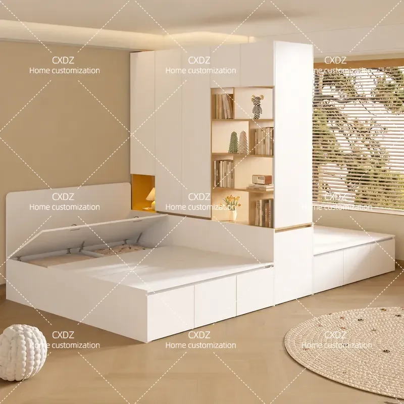 Space Saving Bed and Wardrobe Combo for Small Rooms Double Bed with Integrated Storage Partition Solution for Two Child