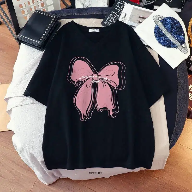 Plus Size 6XL 150KG Women Sweet Cotton T Shirt Lovely Female Tops Kawaii Tee Tshirt V Neck Ladies Large Tees