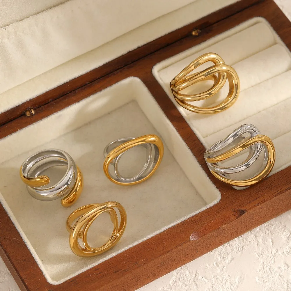 TD Edelstahl Gold Silber Gemischte Farben Unregelmäßige Geometrische Linien Offener Ring für Frauen Wasserfester Modeschmuck – Detail 1