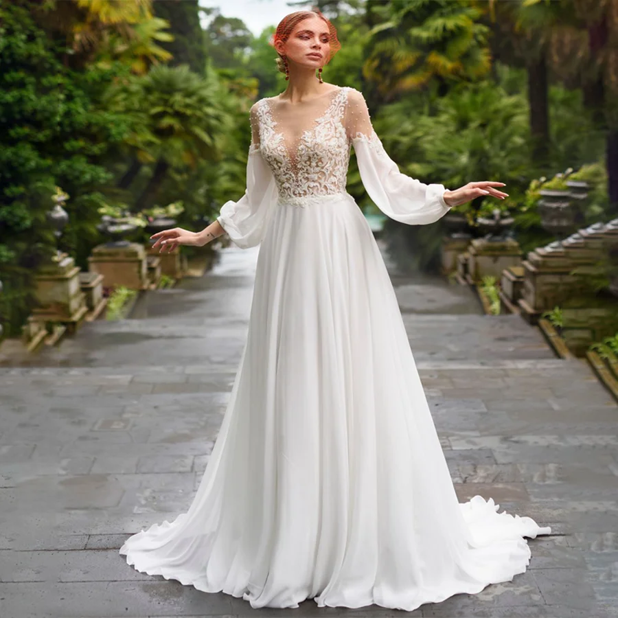 

Scoop Neck Lace Appliques With Peals And See Through Top Wedding Gowns Three Quarter Sleeve Back Buttons Bridal Dresses