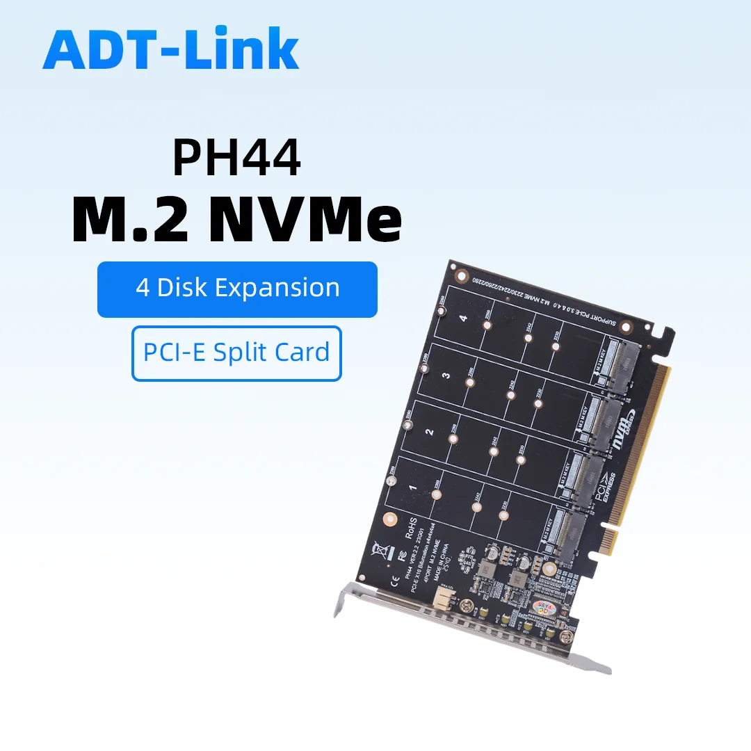 4-Drive / 4-Disk NVME RAID PCIE X16 Splitter Card PH44 for M.2 SSD/PCI-E Device 4x 64Gbps Transmission Speed Signal Splitting