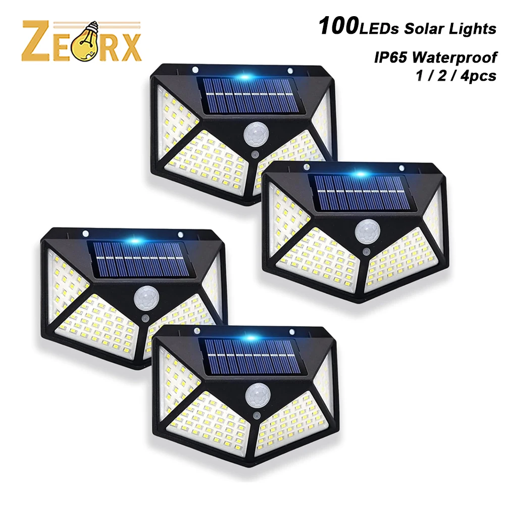 ضوء استشعار الحركة الشمسية، 270 °   مصابيح حائط تعمل بالطاقة الشمسية بزاوية إضاءة مع 100 مصباح LED، 3 أوضاع، IP65 مقاومة للماء للحديقة #1