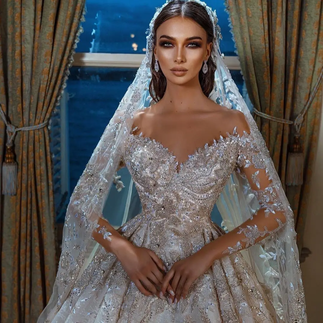 

FATAPAESE Luxury Wedding Dress Princess Dress Off the Shoulder Beading Illusion Sleeve Sweatheart Dress Fluffy Bride Gown платье