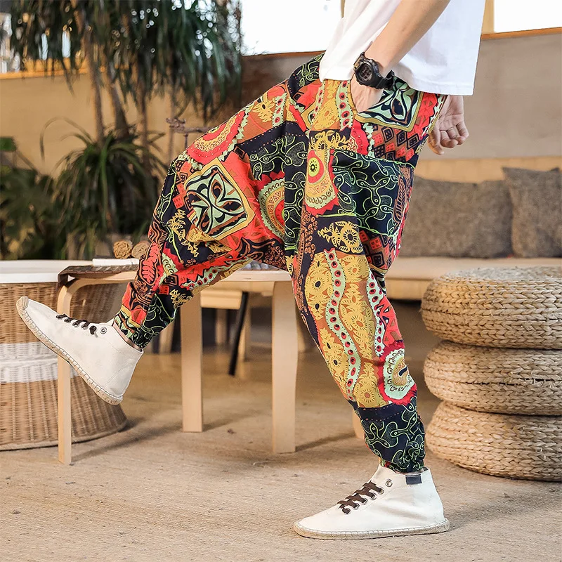 2024 Men Harem Pants Print Retro Drop Crotch Joggers Trousers Men Baggy Loose Nepal Style Men Casual Pants M-5Xl