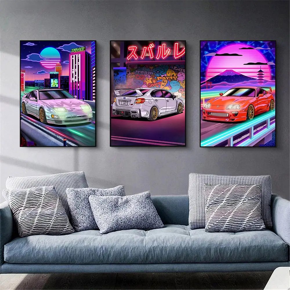 80S Tokyo Neon Street Racing Nissan GTR Synthwave Poster Vintage Japanese Cars Wall Art Canvas Painting Print Living Room Decor