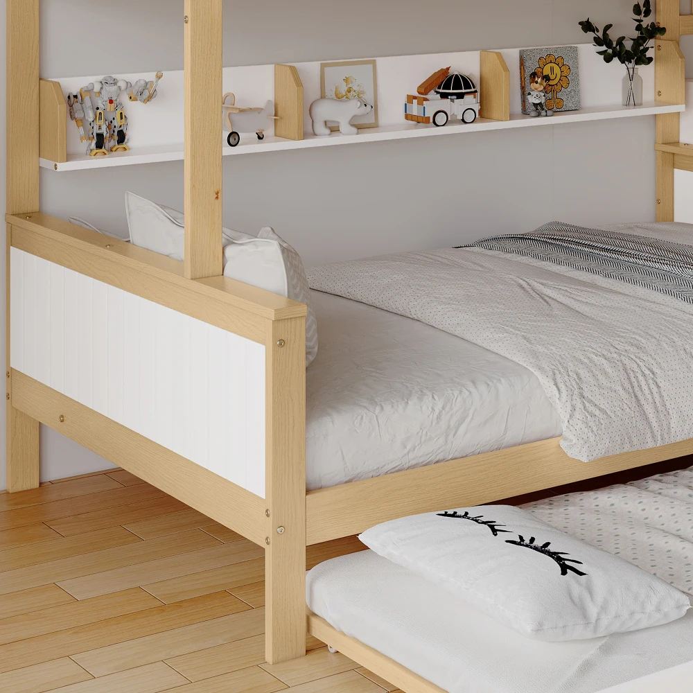 PINGGO Etagenbett 90x200/90x190/120x200cm mit Fallschutzgitter, 3-stöckiges Rollbett mit Kleiderschrank und Eck-Treppe, ohne Matratze – Detail 20