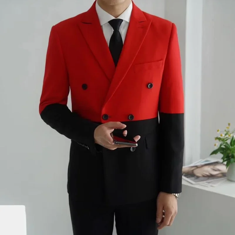 Men\'s Blazer Hombre Semi-Black Red White Double-Breasted Blazer Masculino Slim Wedding Prom Fashion Stitching Men\'s Blazer Men