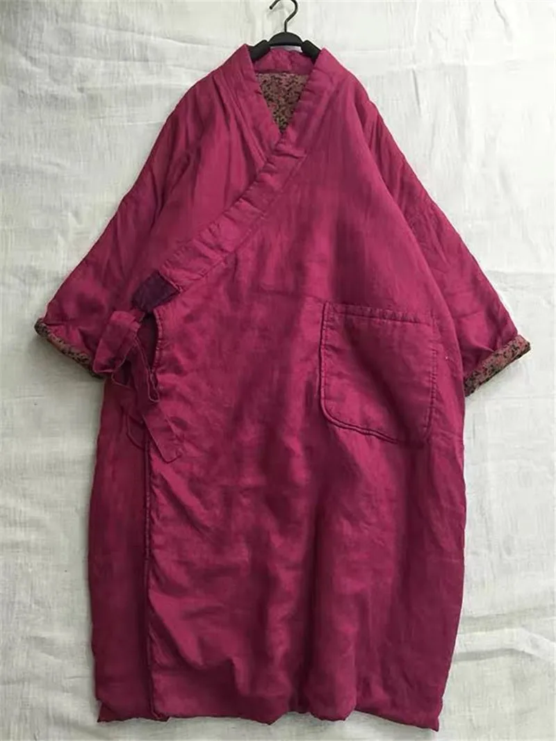 

Новинка 2023 года, осенняя свободная винтажная куртка, женская литературная льняная хлопковая куртка в китайском стиле, длинное женское пальто, утепленная верхняя одежда с v-образным вырезом