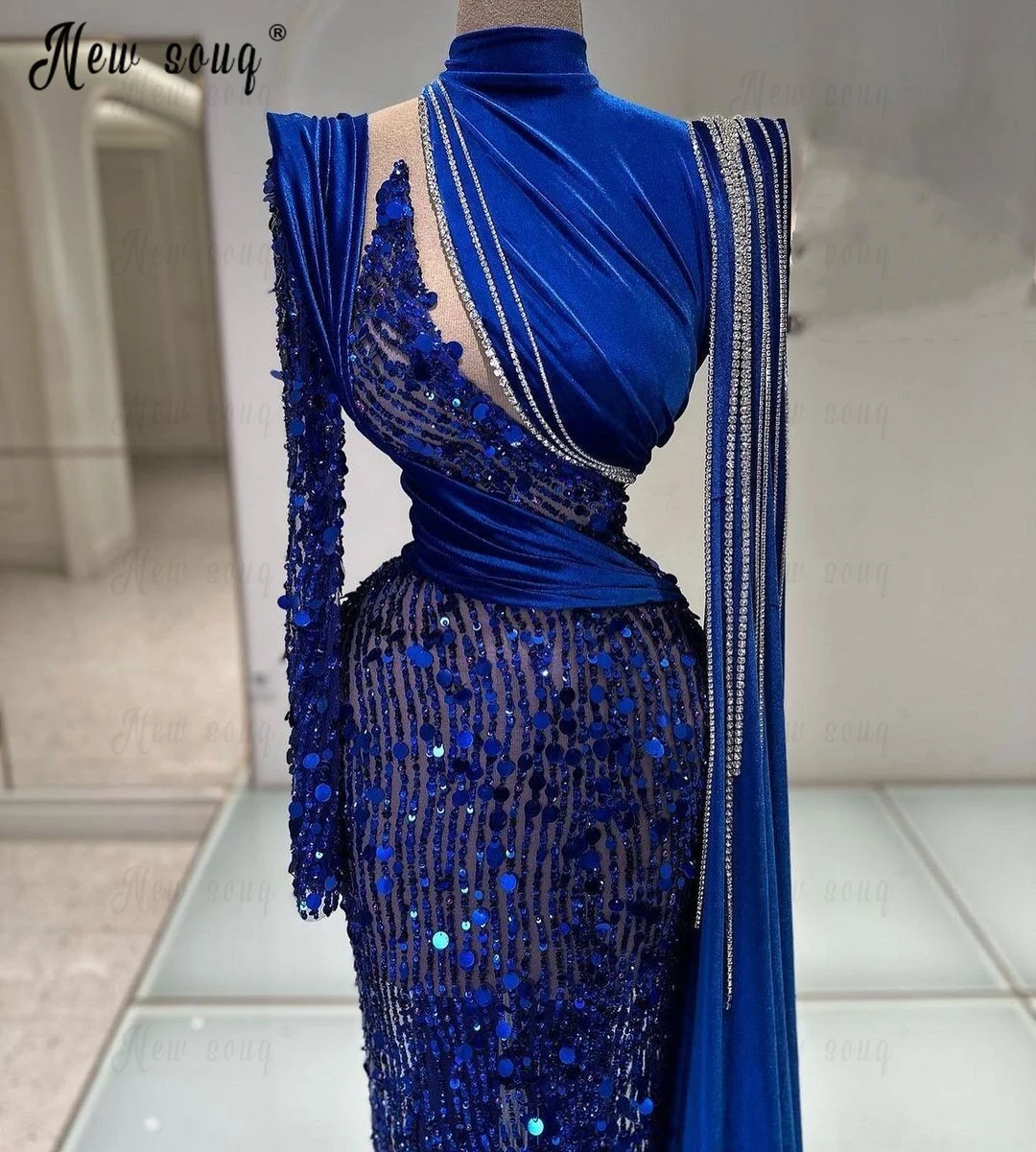 Long Sleeve Royal Blue Elegant Cape Sleeve Prom Dresses Muslim Formal Occasion Dresses Women Sequins Vestidos De Fiesta 2024