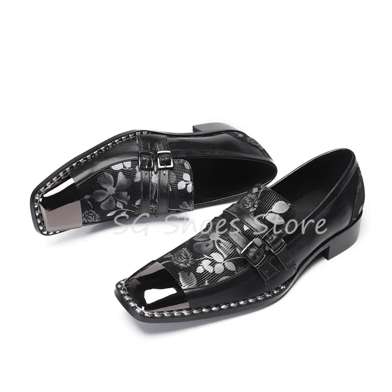 

Fashion Design Graffiti Prints Male Dress Oxfords Belt Buckle Shallow Derby Shoes Metal Square Toe Chunky Heel Loafers for Men