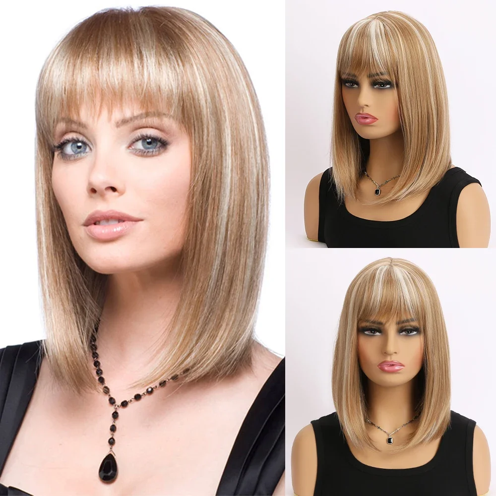 

Short Straight Hair Bob Wig for Woman Daily Use Wig Highlight Brown Bob Wigs Synthetic Hair Heat Resistant