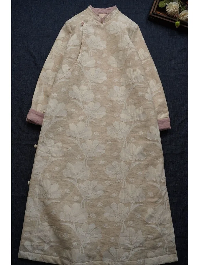 الرجعية الصينية Sle طويل القطن الكتان المطرزة طوق تشيباو الدكتور فضفاضة تناسب ألف خط تنورة ort Sve لباس غير رسمي