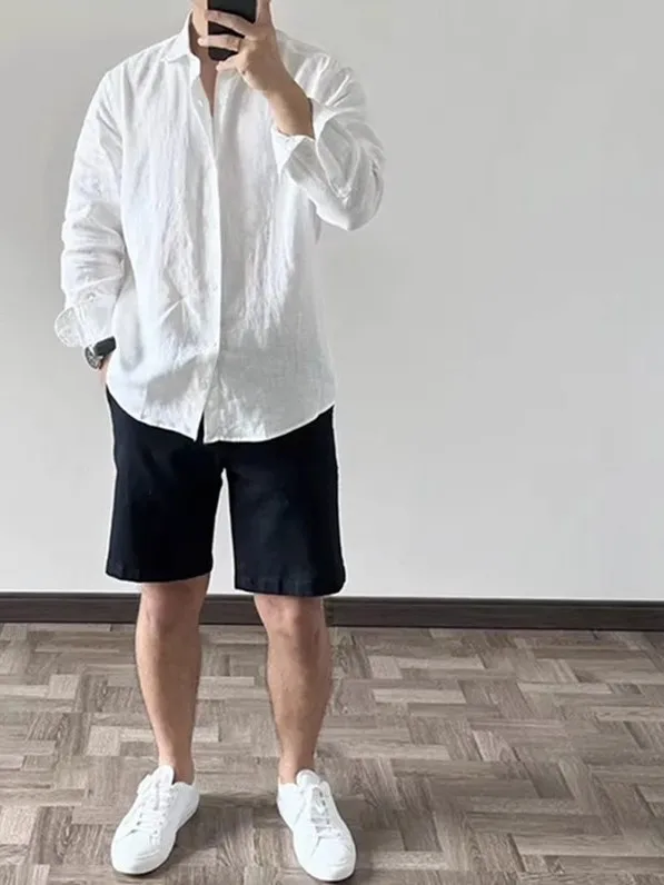 High-End Men\'s Cotton Linen Pleated Shirt Loose Breathable Long Sleeve Sun Protection Casual Versatile Linen  Color Shirt
