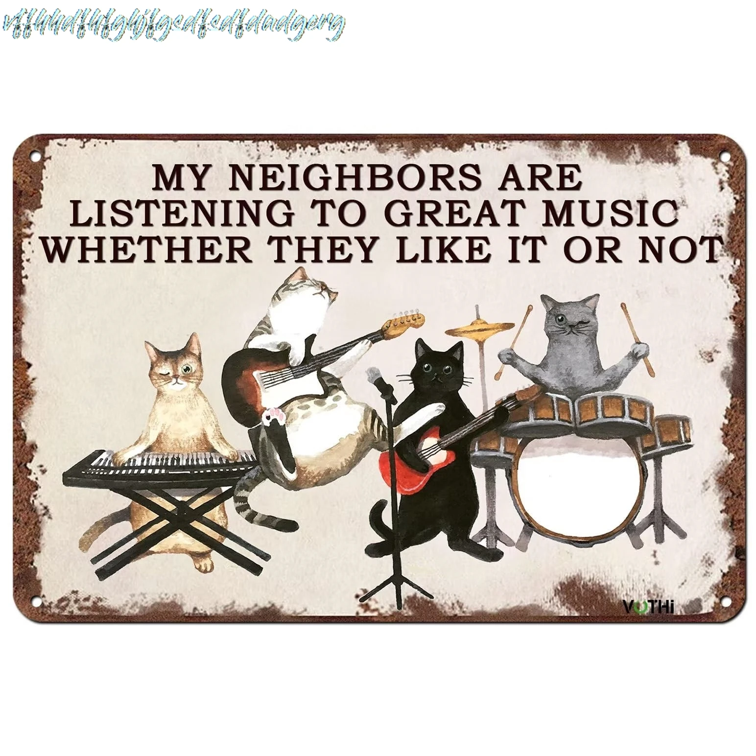 VOTHI Funny Cat Signs Home Decor,My Neighbors Are Listening To Great Music,Cat Music Plaque Retro Cat Vintage Metal Wall Po sign