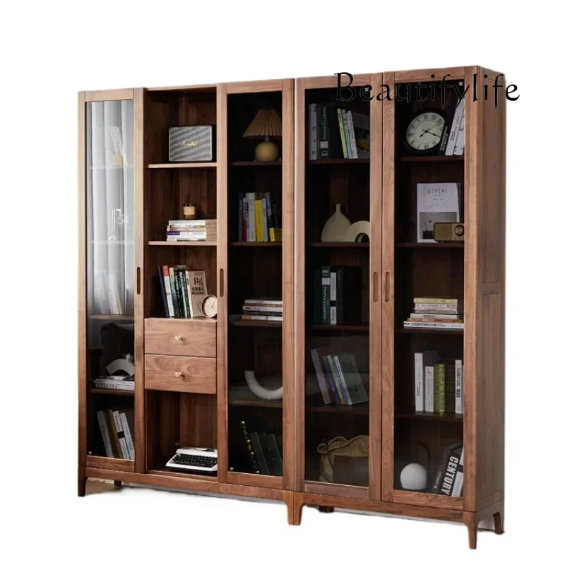 

AXR Solid Wood Bookcase Bookshelf Nordic Black Walnut Storage, Storage, Floor-to-ceiling Bookcase With Glass Door