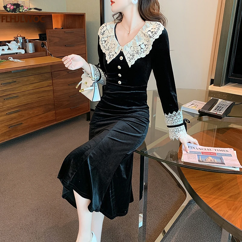 2023 Autumn Winter Basic Wear Hot Sales Feminine Vestidos Women Office Lady Black Velvet White Lace Long Evening Night Dress