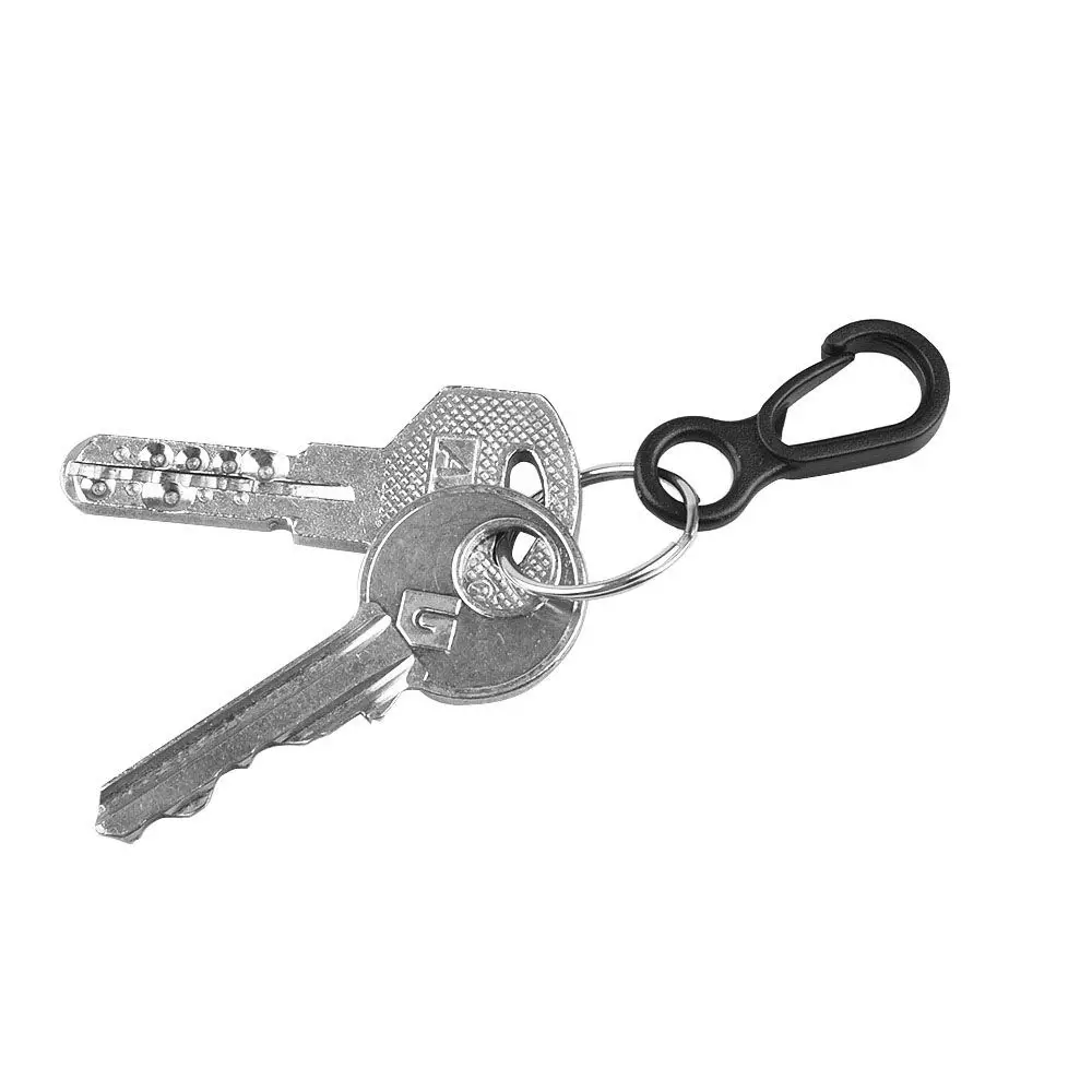 Paquete de tienda de campaña, gancho negro de plástico de 3,5 cm, llaveros de liberación rápida, Clip de resorte, Mini mosquetón, cordón