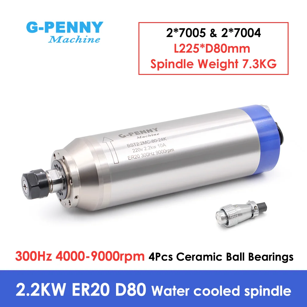 G-Penny CNC 2.2KW ER20 Metal Working Spindle Motor 80mm 4 Pole 4000-9000RPM Water Cooled for Iron Steel Copper Hard Metal Millin