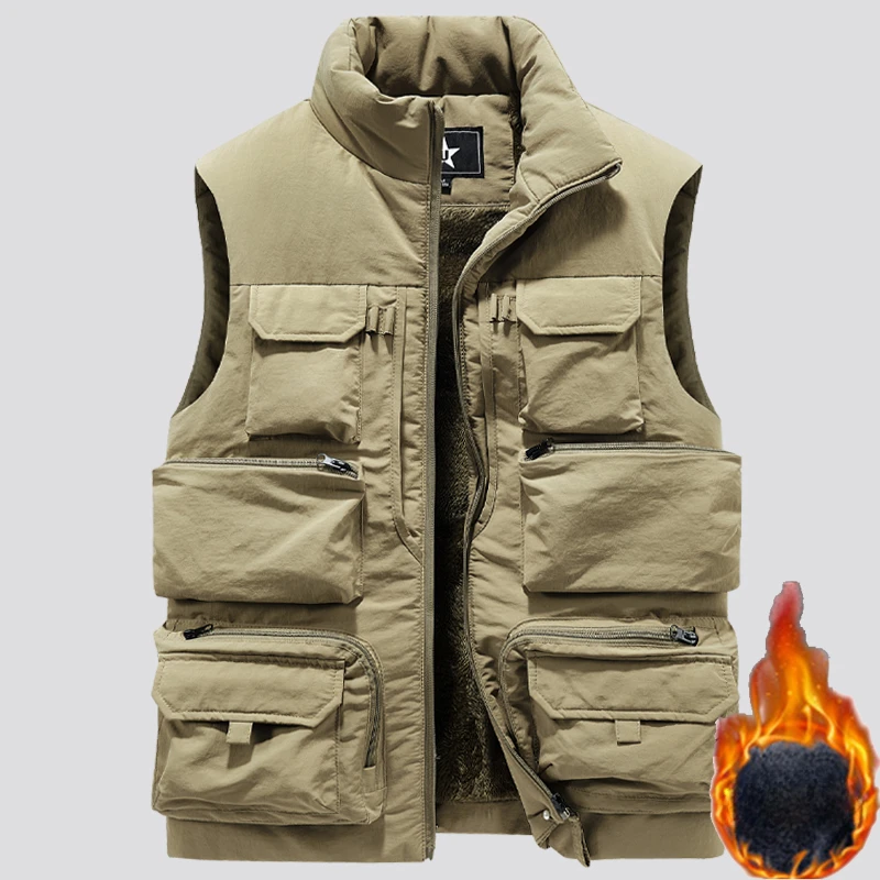 Plus Size Winter Vest Men Thick Fleece Warm Sleeveless Jackets  Tactical Military Fishing Outdoor Work Pockets Waistcoat XJ364