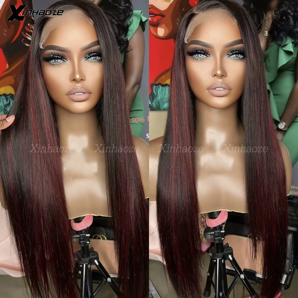 Silk Base Closure Wigs Burgundy Highlight 1B/99J Straight Hair Wig 13×6 HD Lace Frontal Wig for Women Human Hair 180% Density