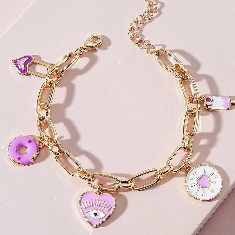 Pink Icecream Doughnut Heart Charm Bracelet For Girl Evil Eye Charm Korean Chain Bracelet Cute Lovely Purple Epoxy Jewelry