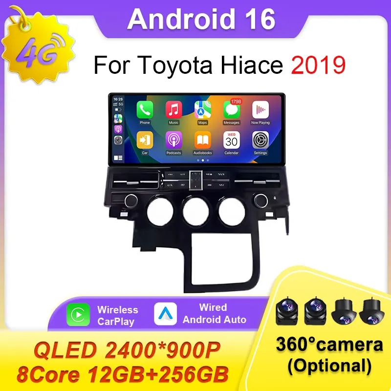 Radio de Coche Android 16 de 12.3 Pulgadas para Toyota Hiace 2019, Reproductor Multimedia de Video, Estéreo, WIFI, BT, GPS, Navegador, Carplay Inalámbrico, Auto DSP