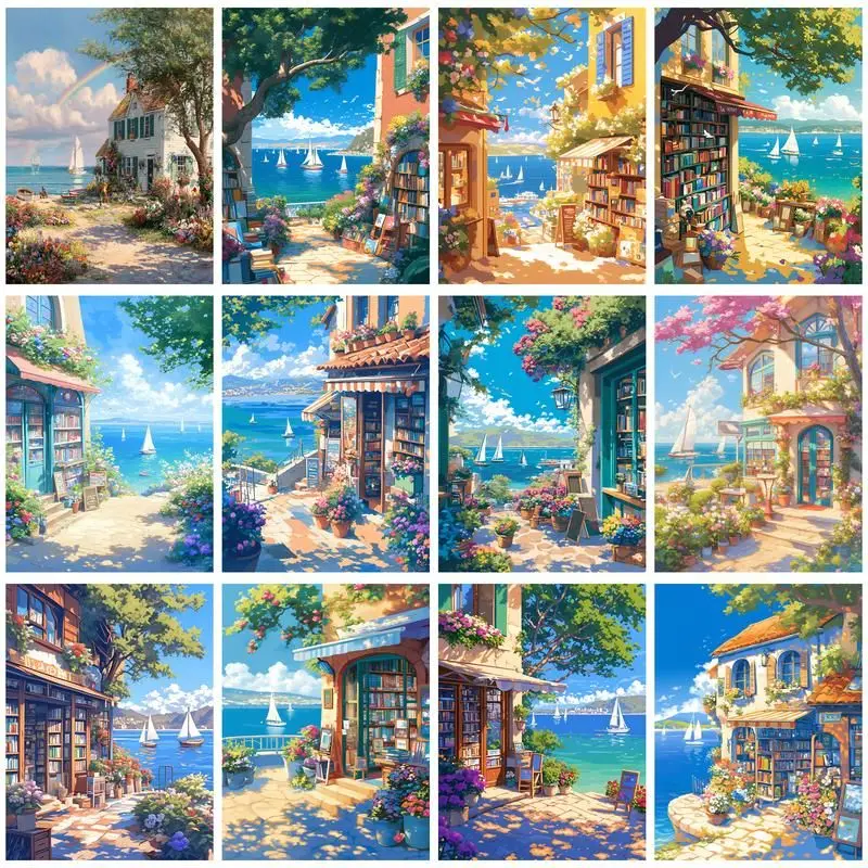 

CHENISTORY Oil Painting Seaside House Scenery Drawing On Canvas HandPainted Art Gift DIY Picture By Number Kits Home Decoration