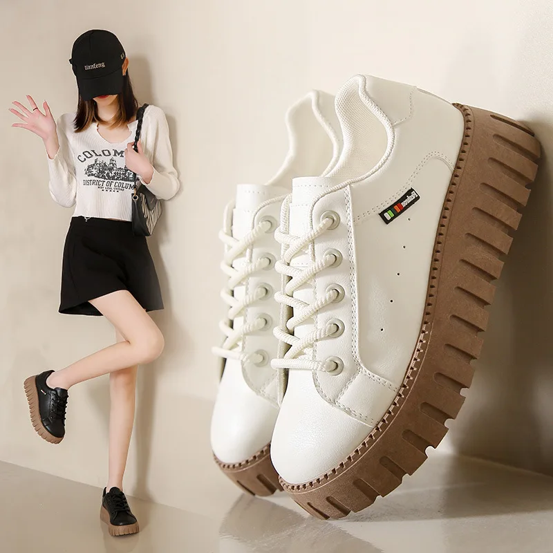 Thick-soled Small White Shoes Female Spring 2023 New Student Party Platform Shoes Casual Tie-in Vulcanize Shoes Female