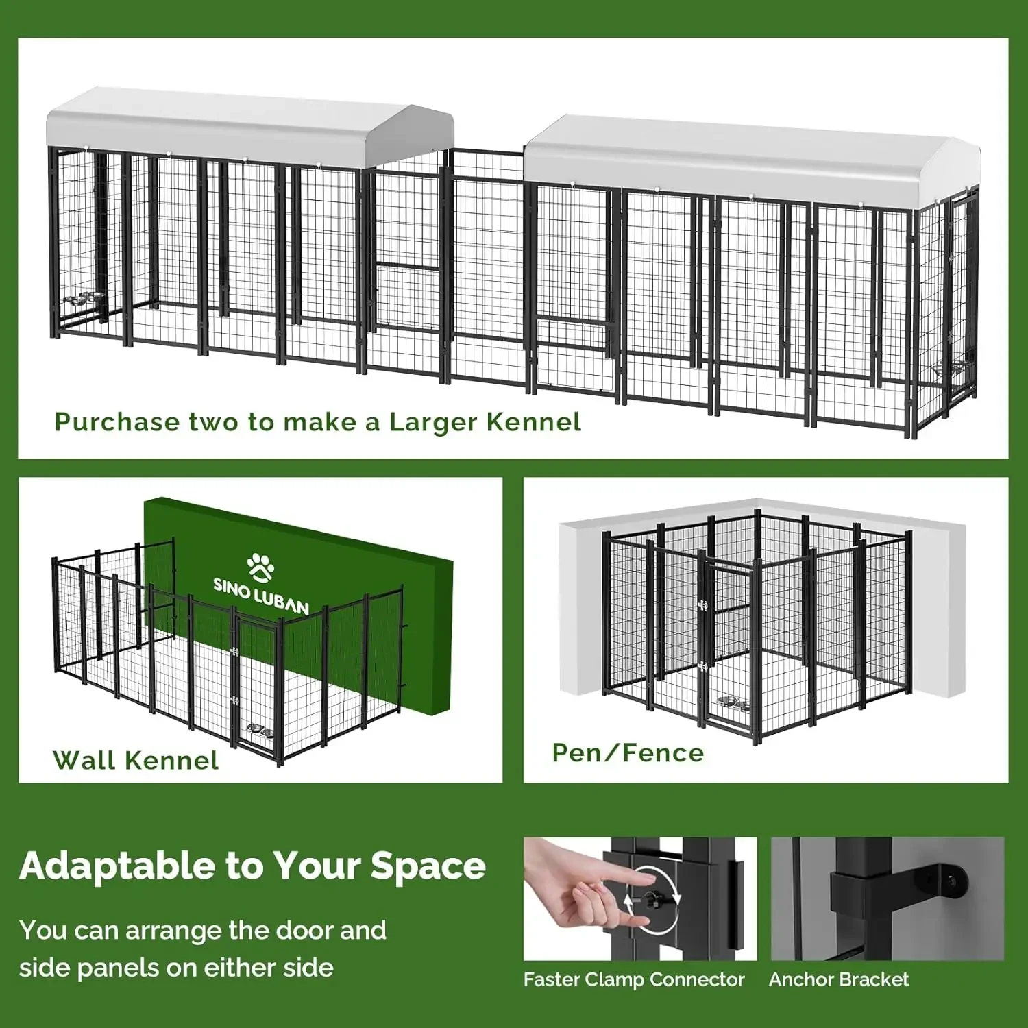 2PCS Outdoor Dog Kennel Outside Run with Doggy Door, Bowls&Roof - 8x4x6 Large Dog Kennels Pens Outside for Large/Giant Dogs