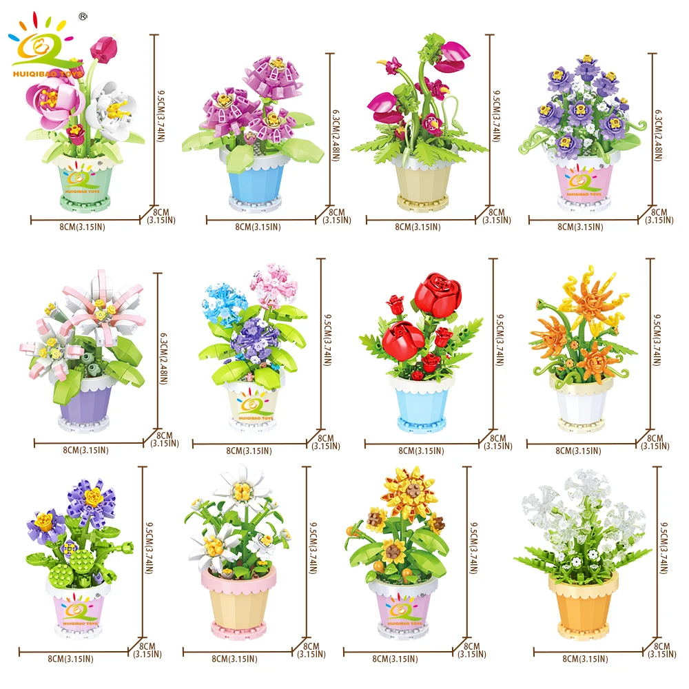 HUIQIBAO MOC Eternal Flower with Pot Micro Building Block DIY Sunflower Rose Bouquet Mini Model Brick Toy home Desk Decoration